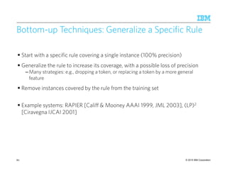 © 2015 IBM Corporation80
Bottom-up Techniques: Generalize a Specific Rule
Start with a specific rule covering a single instance (100% precision)
Generalize the rule to increase its coverage, with a possible loss of precision
– Many strategies: e.g., dropping a token, or replacing a token by a more general
feature
Remove instances covered by the rule from the training set
Example systems: RAPIER [Califf & Mooney AAAI 1999, JML 2003], (LP)2
[Ciravegna IJCAI 2001]
 