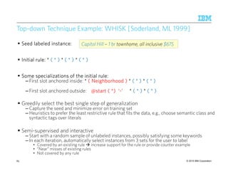 © 2015 IBM Corporation
Top-down Technique Example: WHISK [Soderland, ML 1999]
83
Seed labeled instance:Seed labeled instance:Seed labeled instance:Seed labeled instance:
Initial rule: *Initial rule: *Initial rule: *Initial rule: * ( * )( * )( * )( * ) **** ( * )( * )( * )( * ) **** ( * )( * )( * )( * )
Some specializations of the initial rule:Some specializations of the initial rule:Some specializations of the initial rule:Some specializations of the initial rule:
– First slot anchored inside: **** (((( NeighborhoodNeighborhoodNeighborhoodNeighborhood )))) **** ( * )( * )( * )( * ) **** ( * )( * )( * )( * )
– First slot anchored outside: @start ( *) ‘@start ( *) ‘@start ( *) ‘@start ( *) ‘----’’’’ **** ( * )( * )( * )( * ) **** ( * )( * )( * )( * )
Greedily select the best single step of generalization
– Capture the seed and minimize error on training set
– Heuristics to prefer the least restrictive rule that fits the data, e.g., choose semantic class and
syntactic tags over literals
Semi-supervised and interactive
– Start with a random sample of unlabeled instances, possibly satisfying some keywords
– In each iteration, automatically select instances from 3 sets for the user to label
• Covered by an existing rule increase support for the rule or provide counter example
• “Near” misses of existing rules
• Not covered by any rule
Capitol Hill – 1 br townhome, all inclusive $675
 