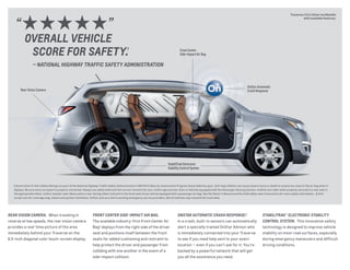 Rear Vision Camera 
OnStar Automatic 
Crash Response 
Front Center 
Side-Impact Air Bag 
StabiliTrak Electronic 
Stability Control System 
1 Government 5-Star Safety Ratings are part of the National Highway Traffic Safety Administration’s (NHTSA’s) New Car Assessment Program (www.SaferCar.gov). 2 Air bag inflation can cause severe injury or death to anyone too close to the air bag when it 
deploys. Be sure every occupant is properly restrained. Always use safety belts and the correct restraint for your child’s age and size. Even in vehicles equipped with the Passenger Sensing System, children are safer when properly secured in a rear seat in 
the appropriate infant, child or booster seat. Never place a rear-facing infant restraint in the front seat of any vehicle equipped with a passenger air bag. See the Owner’s Manual and the child safety seat instructions for more safety information. 3 Visit 
onstar.com for coverage map, details and system limitations. OnStar acts as a link to existing emergency service providers. Not all vehicles may transmit all crash data. 
Rear Vision Camera. When traveling in 
reverse at low speeds, the rear vision camera 
provides a real-time picture of the area 
immediately behind your Traverse on the 
6.5-inch diagonal color touch-screen display. 
Front Center Side-Impact Air Bag. 
The available industry-first Front Center Air 
Bag2 deploys from the right side of the driver 
seat and positions itself between the front 
seats for added cushioning and restraint to 
help protect the driver and passenger from 
colliding with one another in the event of a 
side-impact collision. 
OnStar Automatic Crash Response.3 
In a crash, built-in sensors can automatically 
alert a specially trained OnStar Advisor who 
is immediately connected into your Traverse 
to see if you need help sent to your exact 
location — even if you can’t ask for it. You’re 
backed by a powerful network that will get 
you all the assistance you need. 
Stabilitrak® Electronic Stability 
control System. This innovative safety 
technology is designed to improve vehicle 
stability on most road surfaces, especially 
during emergency maneuvers and difficult 
driving conditions. 
“ ” 
OVERALL VEHICLE 
SCORE FOR SAFETY.1 
— National Highway Traffic Safety Administration 
Traverse LTZ in Silver Ice Metallic 
with available features. 
 
