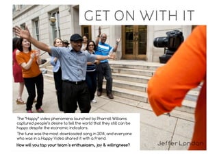 get on with it
The “Happy” video phenomena launched by Pharrell Williams
captured people’s desire to tell the world that they still can be
happy despite the economic indicators.
The tune was the most downloaded song in 2014, and everyone
who was in a Happy Video shared it with a friend.
How will you tap your team’s enthusiasm, joy & willingness?
 