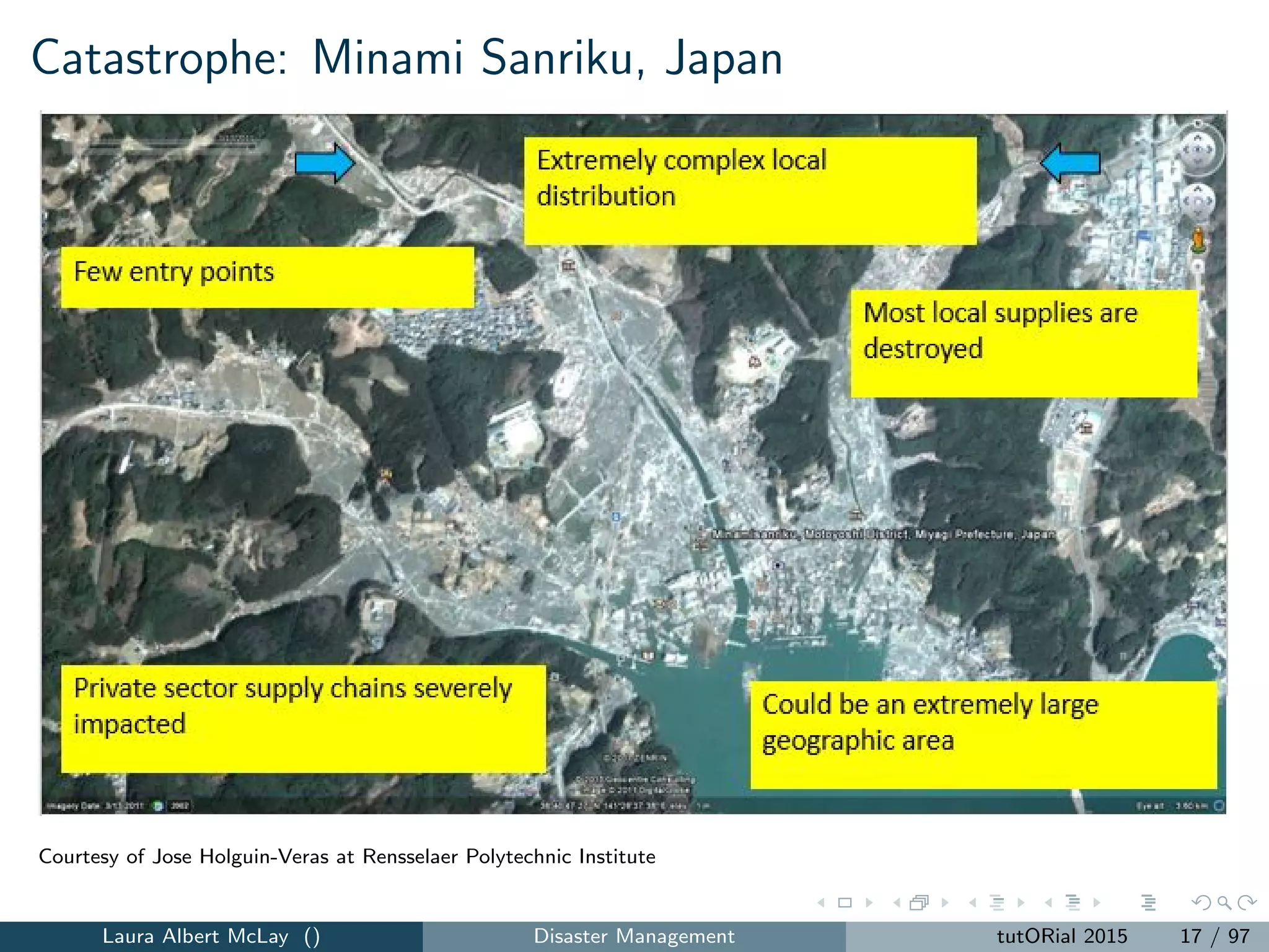Catastrophe: Minami Sanriku, Japan
Courtesy of Jose Holguin-Veras at Rensselaer Polytechnic Institute
Laura Albert McLay () Disaster Management tutORial 2015 17 / 97
 