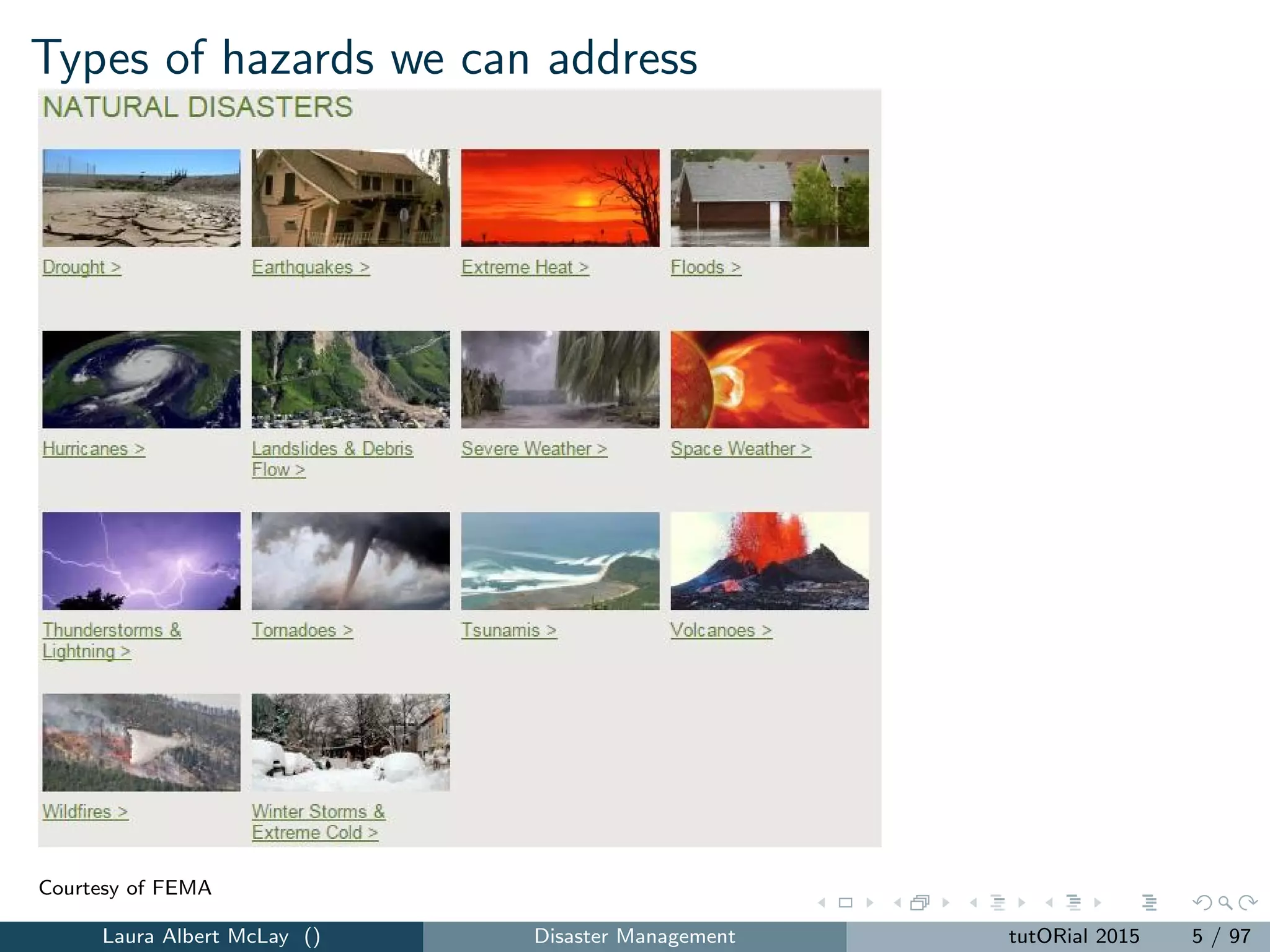 Types of hazards we can address
Courtesy of FEMA
Laura Albert McLay () Disaster Management tutORial 2015 5 / 97
 
