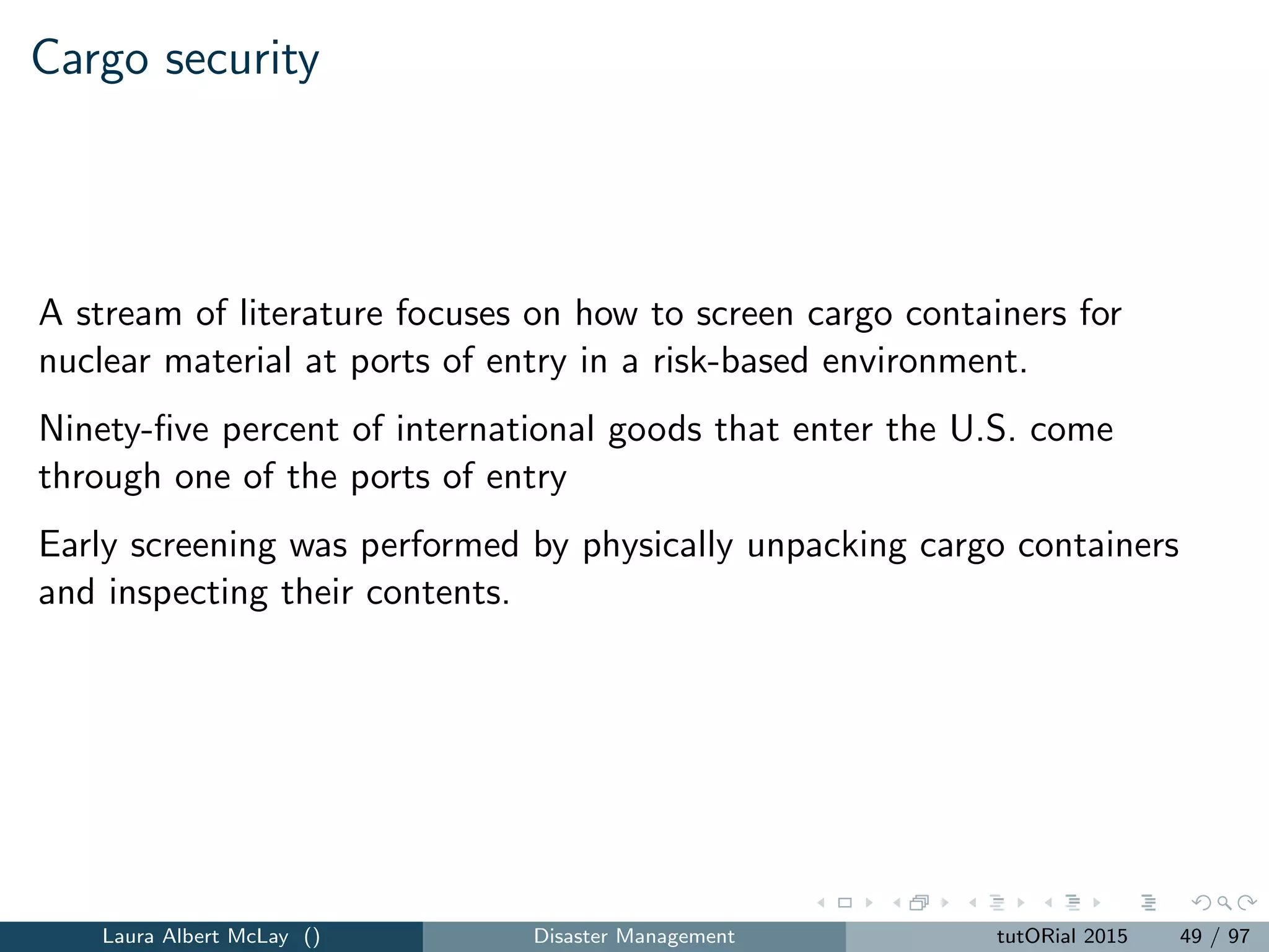 Network design and interdiction
Facility location interdiction support disaster mitigation eﬀorts: p-median
and covering.
Parameters:
F = set of existing facilities.
I = set of demand locations.
ai = demand at location i ∈ I.
dij = shortest distance between i and j, i ∈ I, j ∈ F.
r = number of facilities to be interdicted or eliminated.
Tij = {k ∈ F|k = j and dik > dij } = set of existing sites (not
including j) that are as far or farther than j is from demand i.
Ni ⊂ F = set of facility sites that cover demand i, i ∈ I.
Laura Albert McLay () Disaster Management tutORial 2015 54 / 97
 