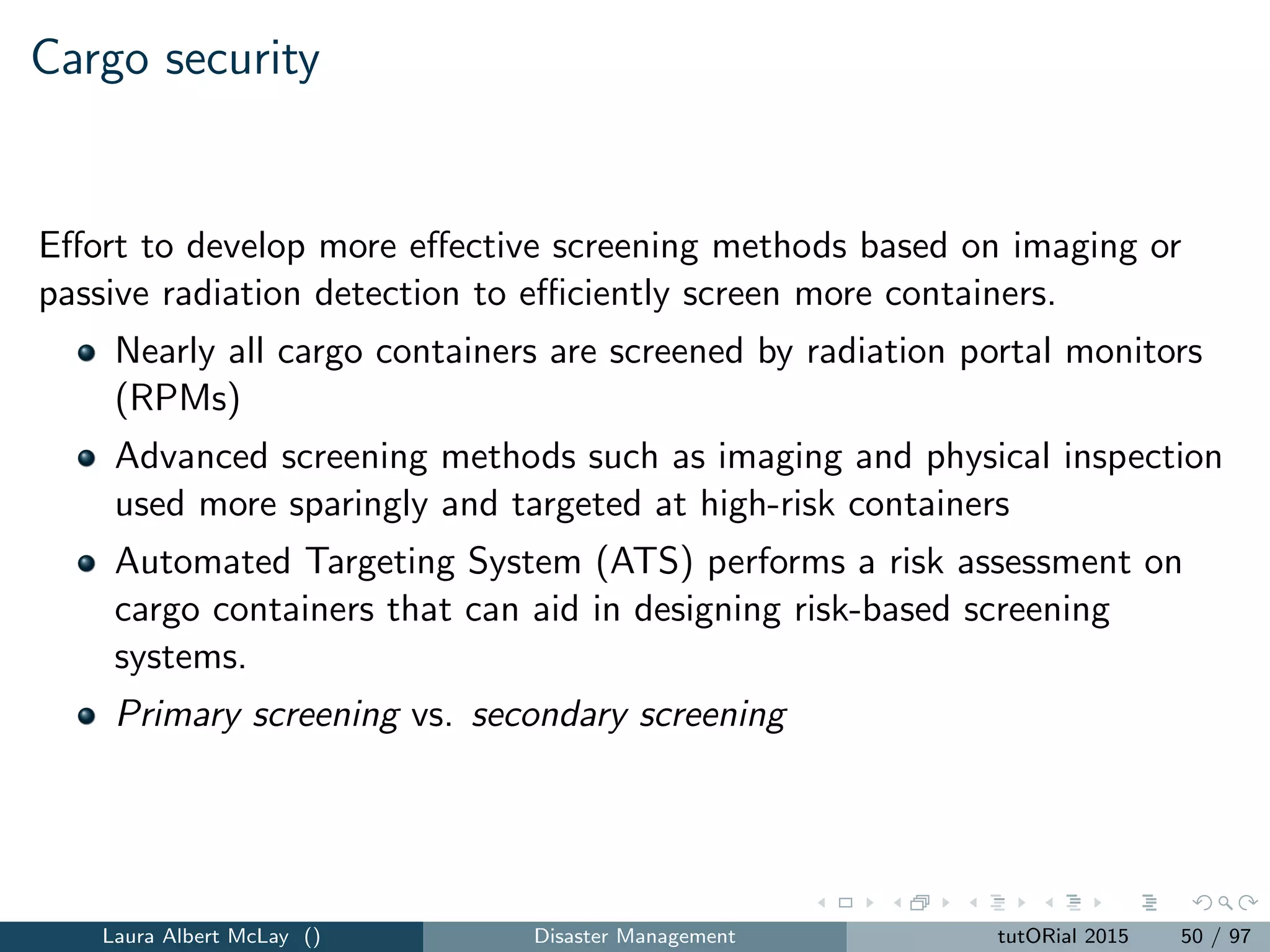 Network design and interdiction
The r-interdiction median problem admits the following decision variables:
sj =
1 if facility j is eliminated, j ∈ F
0 otherwise
xij =
1 if demand i is assigned to a facility at j, i ∈ I, j ∈ F
0 otherwise
Laura Albert McLay () Disaster Management tutORial 2015 55 / 97
 