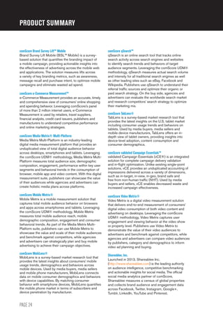 PAGE 24
comScore Brand Survey Lift™ Mobile
Brand Survey Lift Mobile (BSL™ Mobile) is a survey-
based solution that quantifies the branding impact of
a mobile campaign, providing actionable insights into
the effectiveness of advertising across the mobile web
and applications. The solution measures lifts across
a variety of key branding metrics, such as awareness,
message recall and purchase intent, to optimize mobile
campaigns and eliminate wasted ad spend.
comScore e-Commerce Measurement™
e-Commerce Measurement provides an accurate, timely
and comprehensive view of consumers’ online shopping
and spending behavior. Leveraging comScore’s panel
of more than 2 million internet users, e-Commerce
Measurement is used by retailers, travel suppliers,
financial analysts, credit card issuers, publishers and
manufacturers to understand competitive performance
and online marketing strategies.
comScore Media Metrix® Multi-Platform
Media Metrix Multi-Platform is an industry-leading
digital media measurement platform that provides an
unduplicated view of total digital audience behavior
across desktops, smartphones and tablets. Leveraging
the comScore UDM® methodology, Media Metrix Multi-
Platform measures total audience size, demographic
composition, engagement, performance within key user
segments and behavioral trends in the consumption of
browser, mobile app and video content. With this digital
measurement suite, publishers can showcase the value
of their audiences while agencies and advertisers can
create holistic media plans across platforms.
comScore Mobile Metrix®
Mobile Metrix is a mobile measurement solution that
captures total mobile audience behavior on browsers
and apps across smartphones and tablets. Leveraging
the comScore UDM® methodology, Mobile Metrix
measures total mobile audience reach, mobile
demographic composition, engagement and consumer
behavioral trends. As part of the Media Metrix Multi-
Platform suite, publishers can use Mobile Metrix to
showcase the value and scale of their mobile audiences
and benchmark against competitors, while agencies
and advertisers can strategically plan and buy mobile
advertising to achieve their campaign objectives.
comScore MobiLens®
MobiLens is a survey-based market research tool that
provides the latest insights about consumers’ mobile
usage trends, demographics and behaviors across
mobile devices. Used by media buyers, media sellers
and mobile phone manufacturers, MobiLens connects
data on mobile consumer demographics and behaviors
with device capabilities. By matching consumer
behavior with smartphone devices, MobiLens quantifies
the mobile phone market in terms of subscribers and
device penetration by manufacturer.
comScore qSearch™
qSearch is an online search tool that tracks online
search activity across search engines and websites
to identify search trends and behaviors of target
audience segments. Leveraging the comScore UDM®
methodology, qSearch measures actual search volume
and intensity for all traditional search engines as well
as other leading sites such as eBay, Facebook and
Wikipedia. Publishers use qSearch to understand their
referral traffic sources and optimize their organic or
paid search strategy. On the buy side, agencies and
advertisers can evaluate the worldwide search market
and research competitors’ search strategy to optimize
their marketing mix.
comScore TabLens®
TabLens is a survey-based market research tool that
provides the latest insights on the U.S. tablet market
including consumer usage trends and behaviors on
tablets. Used by media buyers, media sellers and
mobile device manufacturers, TabLens offers an in-
depth view of tablet owners, providing insights into
device-level adoption, content consumption and
consumer demographics.
comScore validated Campaign Essentials™
validated Campaign Essentials (vCE®) is an integrated
solution for complete campaign delivery validation
and in-flight optimization. Unlike existing single-point
solutions, vCE provides an unduplicated accounting of
impressions delivered across a variety of dimensions,
such as in-target, in-view, in-geo, brand safe and
free from non-human traffic (NHT). Used by media
buyers and sellers, vCE enables decreased waste and
increased campaign effectiveness.
comScore Video Metrix®
Video Metrix is a digital video measurement solution
that delivers end-to-end measurement of consumers’
digital video consumption of both video content and
advertising on desktops. Leveraging the comScore
UDM® methodology, Video Metrix captures user
engagement and viewing behavior at the video show
or property level. Publishers use Video Metrix to
demonstrate the value of their video audiences to
advertisers and benchmark against competitors, while
agencies and advertisers can compare video audiences
by publishers, category and demographics to inform
video ad planning and buying.
Shareablee, Inc.
Launched in 2013, Shareablee Inc.
(http://www.shareablee.com) is the leading authority
on audience intelligence, competitive benchmarking
and actionable insights for social media. The official
social media analytics partner of comScore,
Shareablee measures a census of global properties
and collects brand audience and engagement data
across Facebook, Twitter, Instagram, Google+,
Tumblr, LinkedIn, YouTube and Pinterest.
PRODUCT SUMMARY
 