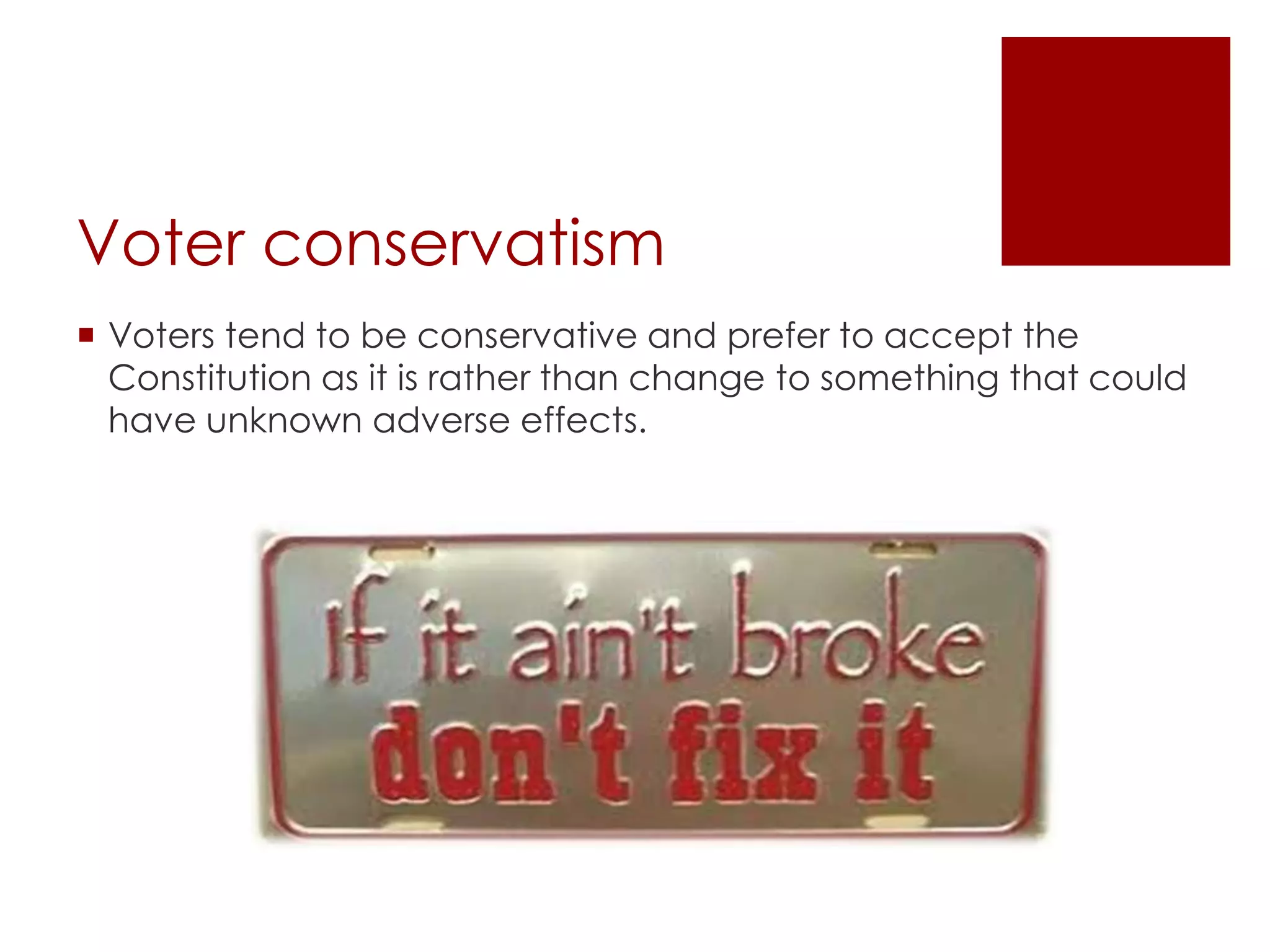 Voter conservatism
 Voters tend to be conservative and prefer to accept the
Constitution as it is rather than change to something that could
have unknown adverse effects.
 