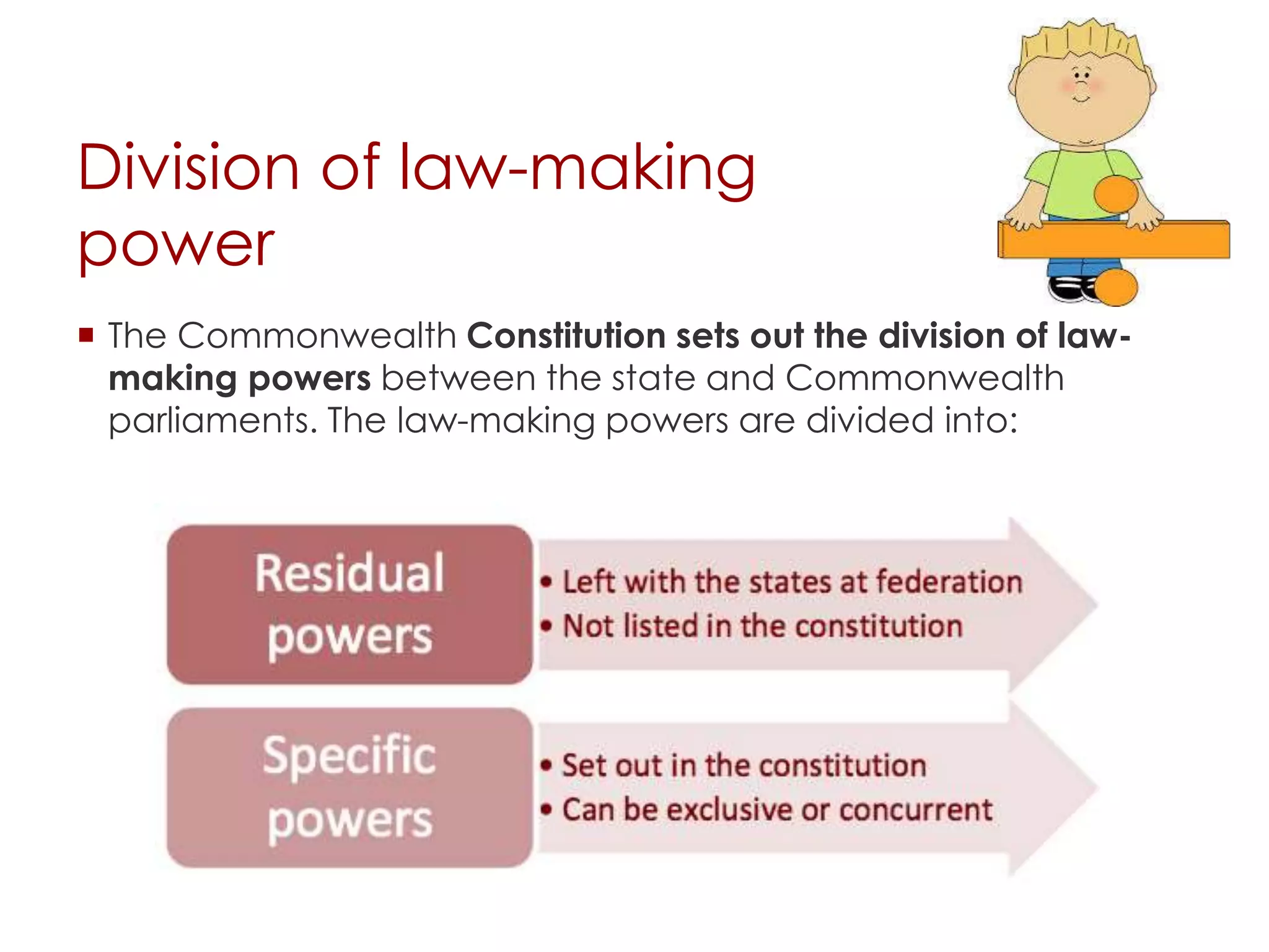 Division of law-making
power
 The Commonwealth Constitution sets out the division of law-
making powers between the state and Commonwealth
parliaments. The law-making powers are divided into:
 