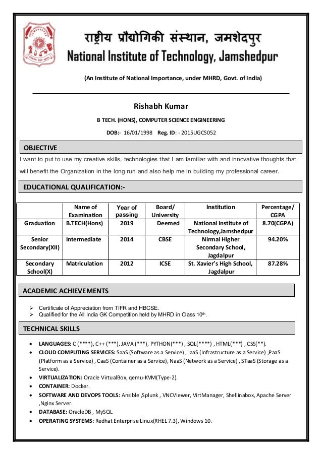 cv computer science fresher an institute of national importance under mhrd govt of india rishabh - Resume Computer Science Fresher cv computer science fresher an institute of national importance under mhrd govt of india rishabh - Resume Computer Science Fresher