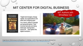MIT CENTER FOR DIGITAL BUSINESS
Image Source: Whitehouse.gov and Brynjolfsson, E. & McAfee, A. (2011) Race Against the Machine Retrieved from
https://www.whitehouse.gov/sites/default/files/microsites/ostp/PCAST/PCAST_May3_Erik%20Brynjolfsson.pdf
MIT Authors with
Driverless Car
 