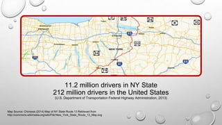 11.2 million drivers in NY State
212 million drivers in the United States
(U.S. Department of Transportation Federal Highway Administration, 2013)
Map Source: Chinissai (2014) Map of NY State Route 13 Retrieved from
http://commons.wikimedia.org/wiki/File:New_York_State_Route_13_Map.svg
 