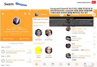 Swarm 
Context based Service 
plans and connecting with people nearby 
Swarm은 Foursquare가 새로 출시한 위치 기반의 메시징 서비스이다. Swarm은 ...