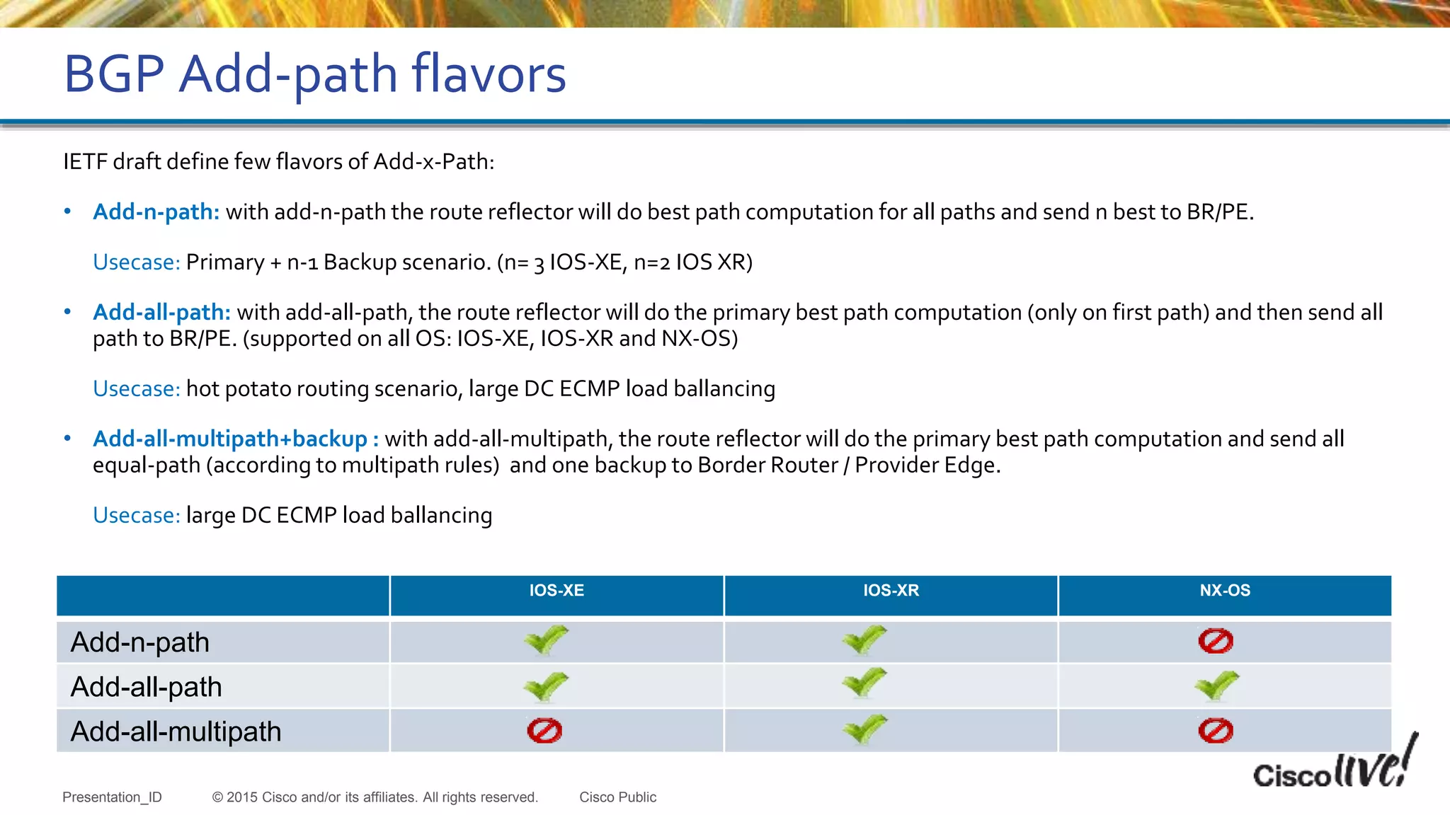 © 2015 Cisco and/or its affiliates. All rights reserved.Presentation_ID Cisco Public
IETF draft define few flavors of Add-x-Path:
• Add-n-path: with add-n-path the route reflector will do best path computation for all paths and send n best to BR/PE.
Usecase: Primary + n-1 Backup scenario. (n= 3 IOS-XE, n=2 IOS XR)
• Add-all-path: with add-all-path, the route reflector will do the primary best path computation (only on first path) and then send all
path to BR/PE. (supported on all OS: IOS-XE, IOS-XR and NX-OS)
Usecase: hot potato routing scenario, large DC ECMP load ballancing
• Add-all-multipath+backup : with add-all-multipath, the route reflector will do the primary best path computation and send all
equal-path (according to multipath rules) and one backup to Border Router / Provider Edge.
Usecase: large DC ECMP load ballancing
BGP Add-path flavors
IOS-XE IOS-XR NX-OS
Add-n-path
Add-all-path
Add-all-multipath
 
