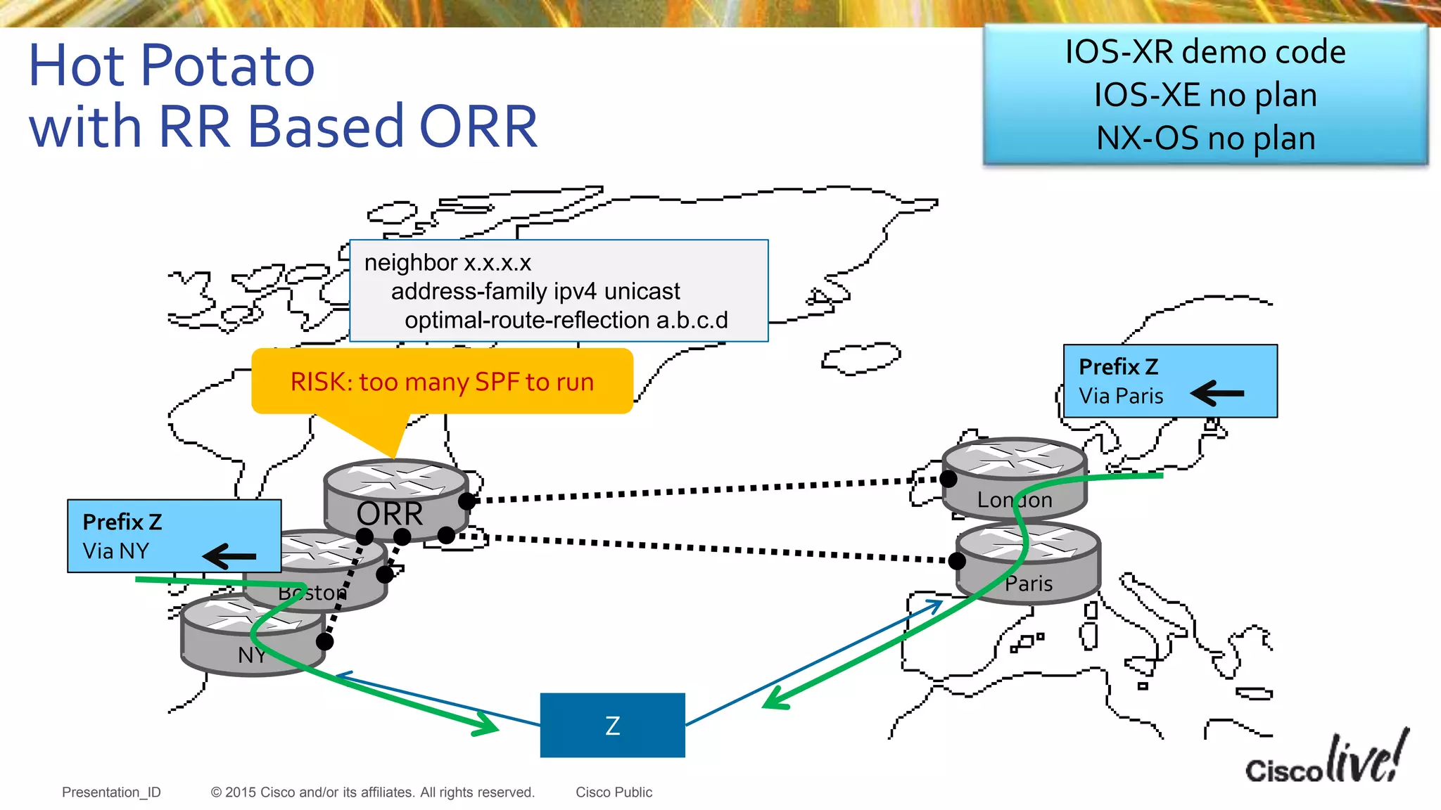 © 2015 Cisco and/or its affiliates. All rights reserved.Presentation_ID Cisco Public
Hot Potato
with RR Based ORR
Paris
London
NY
Boston
Z
Prefix Z
Via Paris
Prefix Z
Via NY
ORR
RISK: too many SPF to run
IOS-XR demo code
IOS-XE no plan
NX-OS no plan
neighbor x.x.x.x
address-family ipv4 unicast
optimal-route-reflection a.b.c.d
 
