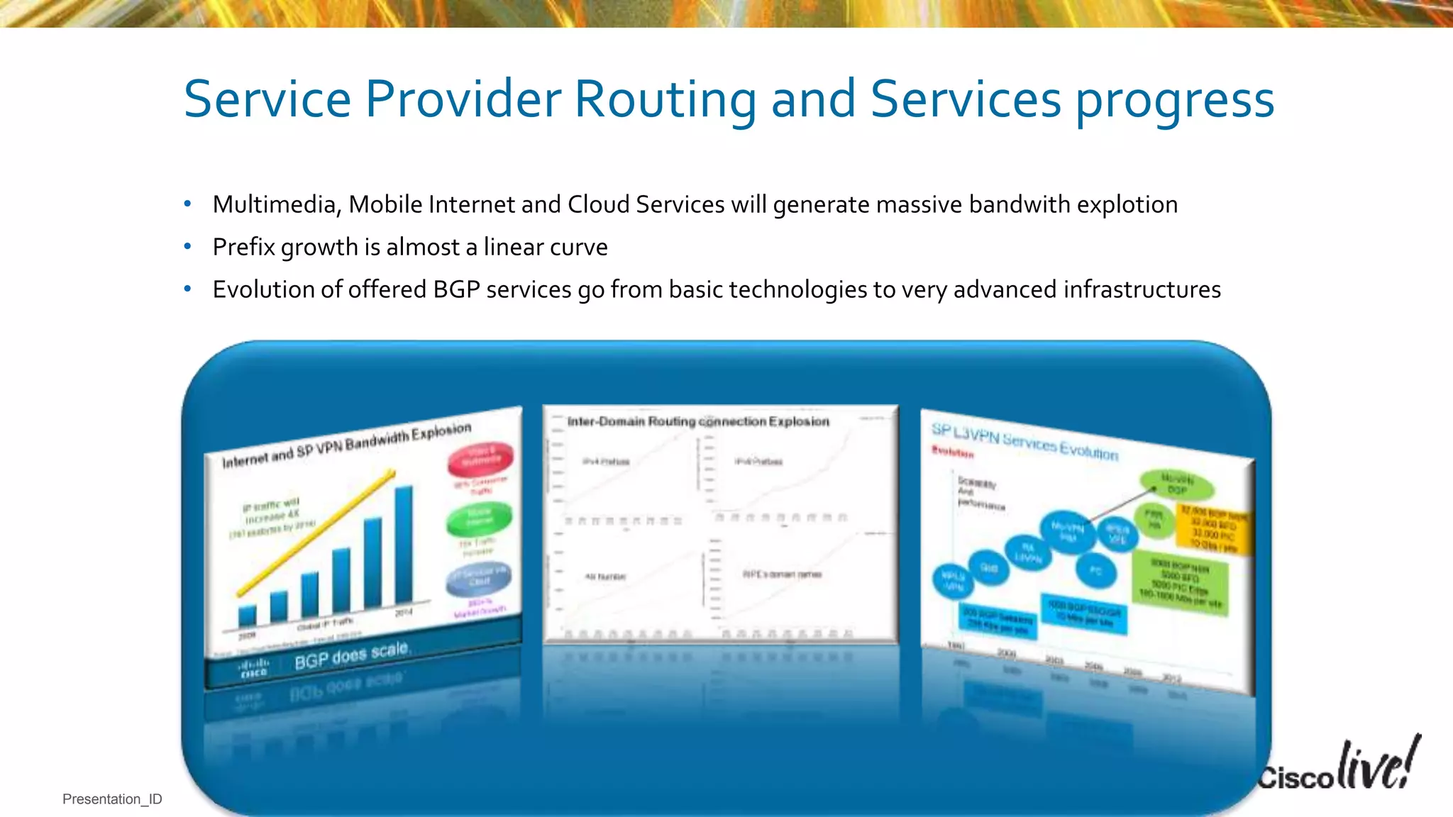 © 2015 Cisco and/or its affiliates. All rights reserved.Presentation_ID Cisco Public
Service Provider Routing and Services progress
• Multimedia, Mobile Internet and Cloud Services will generate massive bandwith explotion
• Prefix growth is almost a linear curve
• Evolution of offered BGP services go from basic technologies to very advanced infrastructures
 