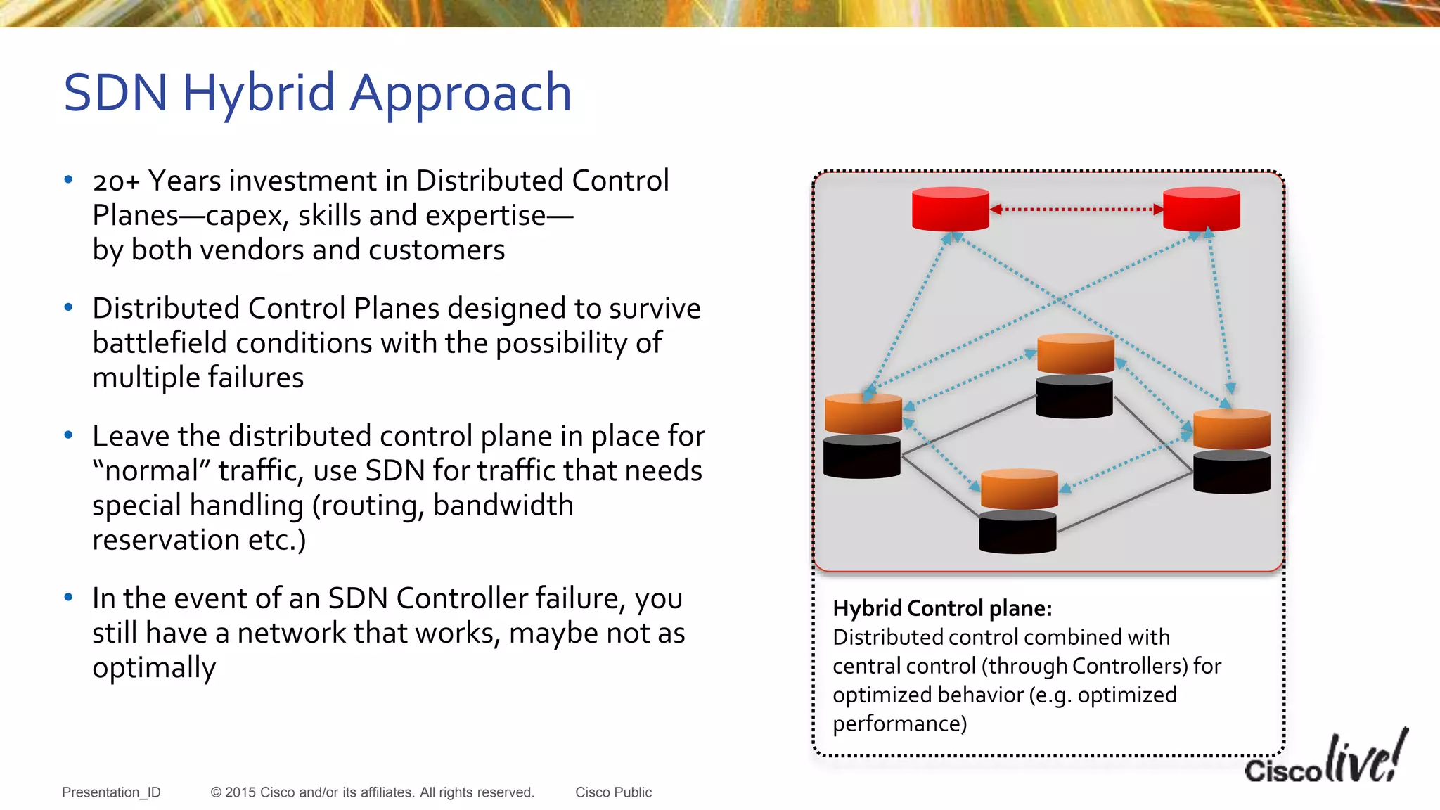 © 2015 Cisco and/or its affiliates. All rights reserved.Presentation_ID Cisco Public
SDN Hybrid Approach
• 20+ Years investment in Distributed Control
Planes—capex, skills and expertise—
by both vendors and customers
• Distributed Control Planes designed to survive
battlefield conditions with the possibility of
multiple failures
• Leave the distributed control plane in place for
“normal” traffic, use SDN for traffic that needs
special handling (routing, bandwidth
reservation etc.)
• In the event of an SDN Controller failure, you
still have a network that works, maybe not as
optimally
Hybrid Control plane:
Distributed control combined with
central control (throughControllers) for
optimized behavior (e.g. optimized
performance)
 