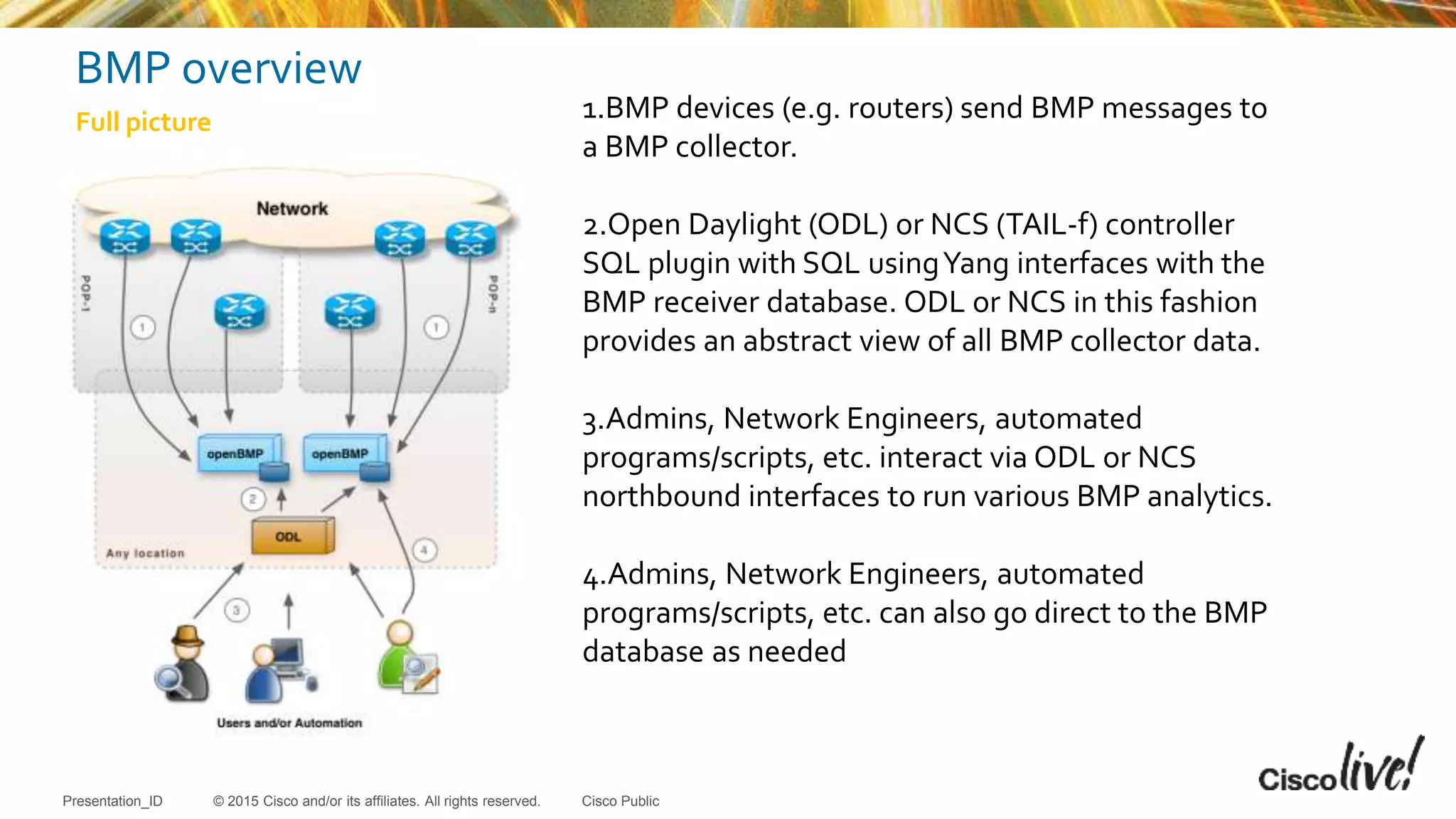© 2015 Cisco and/or its affiliates. All rights reserved.Presentation_ID Cisco Public
BMP overview
1.BMP devices (e.g. routers) send BMP messages to
a BMP collector.
2.Open Daylight (ODL) or NCS (TAIL-f) controller
SQL plugin with SQL usingYang interfaces with the
BMP receiver database. ODL or NCS in this fashion
provides an abstract view of all BMP collector data.
3.Admins, Network Engineers, automated
programs/scripts, etc. interact via ODL or NCS
northbound interfaces to run various BMP analytics.
4.Admins, Network Engineers, automated
programs/scripts, etc. can also go direct to the BMP
database as needed
Full picture
 