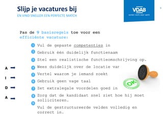 Slijp je vacatures bij
EN VIND SNELLER EEN PERFECTE MATCH
Vul de gepaste competenties in
Gebruik één duidelijk functienaam
Stel een realistische functieomschrijving op.
Wees duidelijk over de locatie van de functie
Vertel waarom je iemand zoekt
Gebruik geen vage taal
Zet extralegale voordelen goed in de verf
Zorg dat de kandidaat snel ziet hoe hij moet
solliciteren.
Vul de gestructureerde velden volledig en
correct in.
9
5
6
7
8
9
Pas de 9 basisregels toe voor een
efficiënte vacature:
4
3
2
A
I
D
A
 