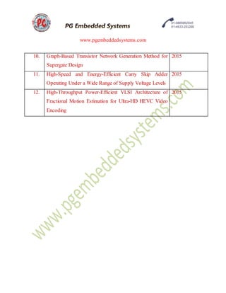 www.pgembeddedsystems.com
10. Graph-Based Transistor Network Generation Method for
Supergate Design
2015
11. High-Speed and Energy-Efficient Carry Skip Adder
Operating Under a Wide Range of Supply Voltage Levels
2015
12. High-Throughput Power-Efficient VLSI Architecture of
Fractional Motion Estimation for Ultra-HD HEVC Video
Encoding
2015
 