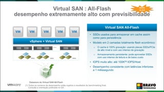 Virtual SAN : All-Flash
desempenho extremamente alto com previsibilidade
vSphere + Virtual SAN
…
• SSDs usados para armazenar em cache assim
como para persistência
• Modelo em 2 camadas totalmente flash econômico:
o O cache é 100% gravação: usando placas SSDs/PCIe
de alto nível e com uso intenso de gravação
o Armazenamento persistente: pode aproveitar SSDs
com uso intenso de leitura e de baixo custo
• IOPS muito alto: até 100K(1) IOPS/Host
• Desempenho consistente com latências inferiores
a 1 milissegundo
Virtual SAN All-Flash
Datastore do Virtual SAN All-Flash
NOVO
no 6.0
SSDs SSDs SSDs
(1) Todos os números de desempenho estão sujeitos a resultados de benchmarking final.
Consulte a orientação publicada no GA
 