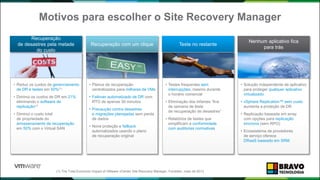 Motivos para escolher o Site Recovery Manager
Recuperação
de desastres pela metade
do custo
Teste no restanteRecuperação com um clique
Nenhum aplicativo fica
para trás
• Reduz os custos de gerenciamento
de DR e testes em 50%(1)
• Diminui os custos de DR em 21%
eliminando o software de
replicação(1)
• Diminui o custo total
de propriedade do
armazenamento de recuperação
em 50% com o Virtual SAN
• Planos de recuperação
centralizados para milhares de VMs
• Failover automatizado de DR com
RTO de apenas 30 minutos
• Precaução contra desastres
e migrações planejadas sem perda
de dados
• Nova proteção e failback
automatizados usando o plano
de recuperação original
• Testes frequentes sem
interrupções, mesmo durante
o horário comercial
• Eliminação dos infames “fins
de semana de teste
de recuperação de desastres”
• Relatórios de testes que
simplificam a conformidade
com auditorias normativas
• Solução independente de aplicativo
para proteger qualquer aplicativo
virtualizado
• vSphere Replication™ sem custo
aumenta a proteção de DR
• Replicação baseada em array
com opções para replicação
síncrona (sem RPO)
• Ecossistema de provedores
de serviço oferece
DRaaS baseado em SRM
(1) The Total Economic Impact of VMware vCenter Site Recovery Manager, Forrester, maio de 2013
 