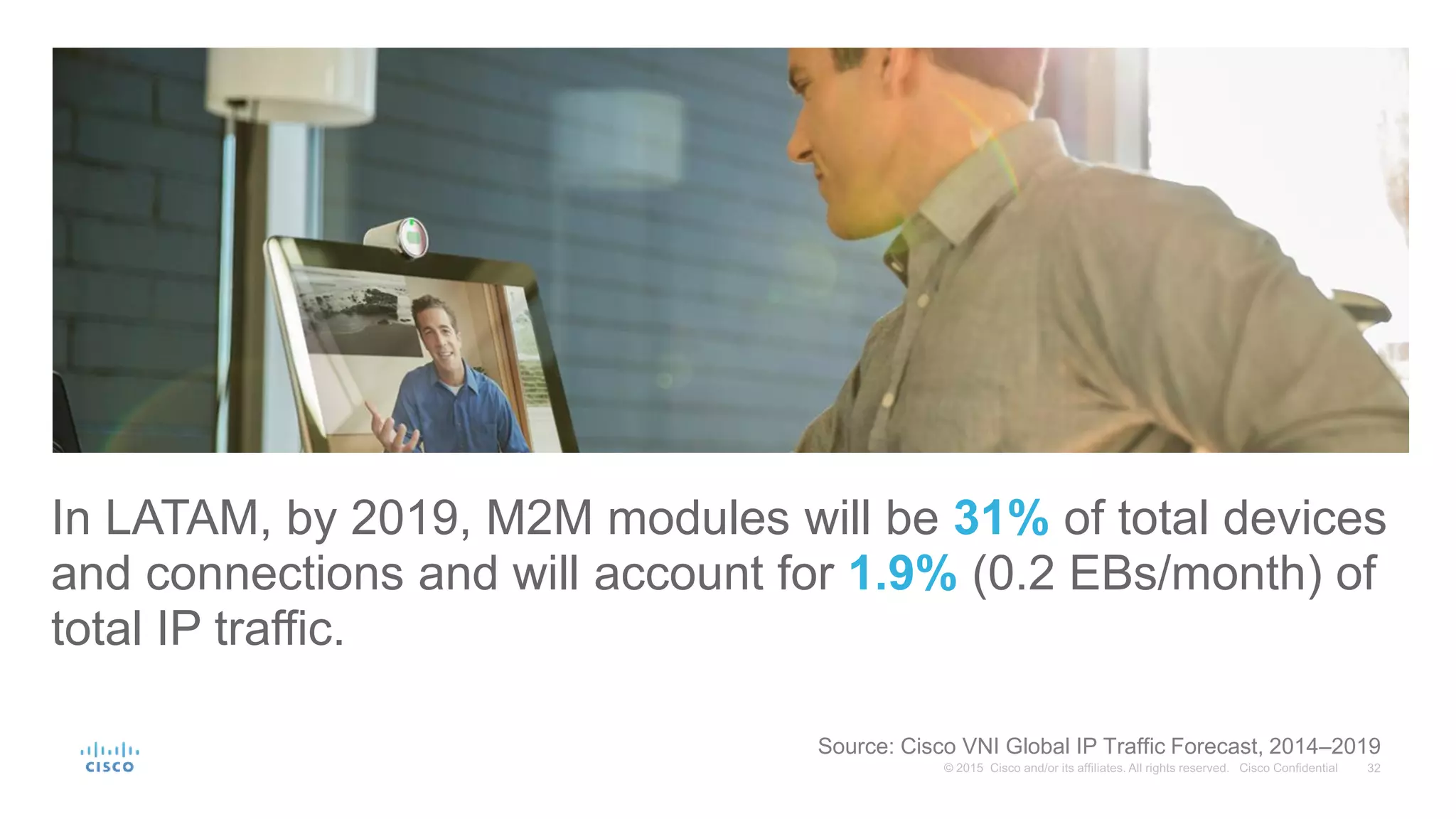Source: Cisco VNI Global IP Traffic Forecast, 2014–2019
In LATAM, by 2019, M2M modules will be 31% of total devices
and connections and will account for 1.9% (0.2 EBs/month) of
total IP traffic.
 