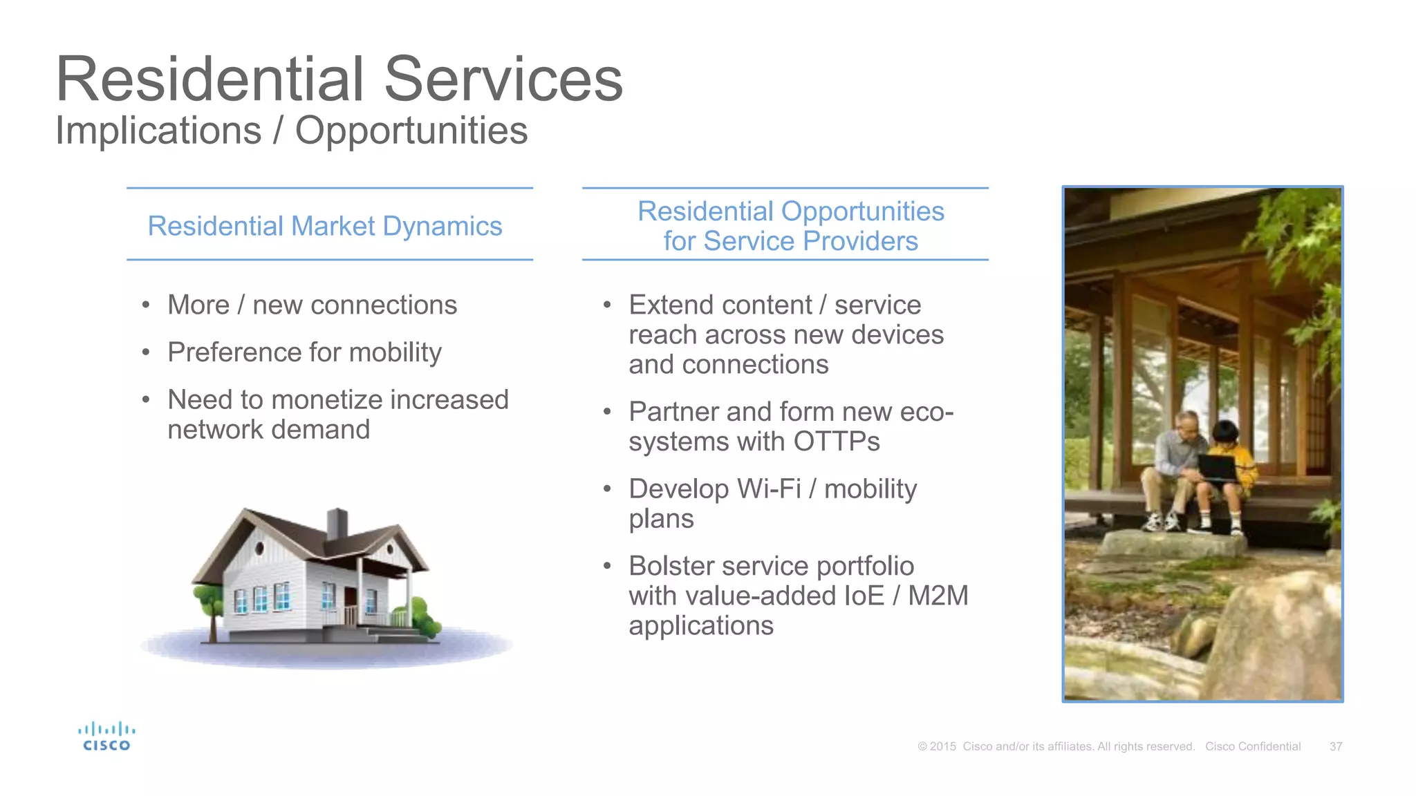 Residential Services
Implications / Opportunities
Residential Market Dynamics
Residential Opportunities
for Service Providers
• More / new connections
• Preference for mobility
• Need to monetize increased
network demand
• Extend content / service
reach across new devices
and connections
• Partner and form new eco-
systems with OTTPs
• Develop Wi-Fi / mobility
plans
• Bolster service portfolio
with value-added IoE / M2M
applications
 