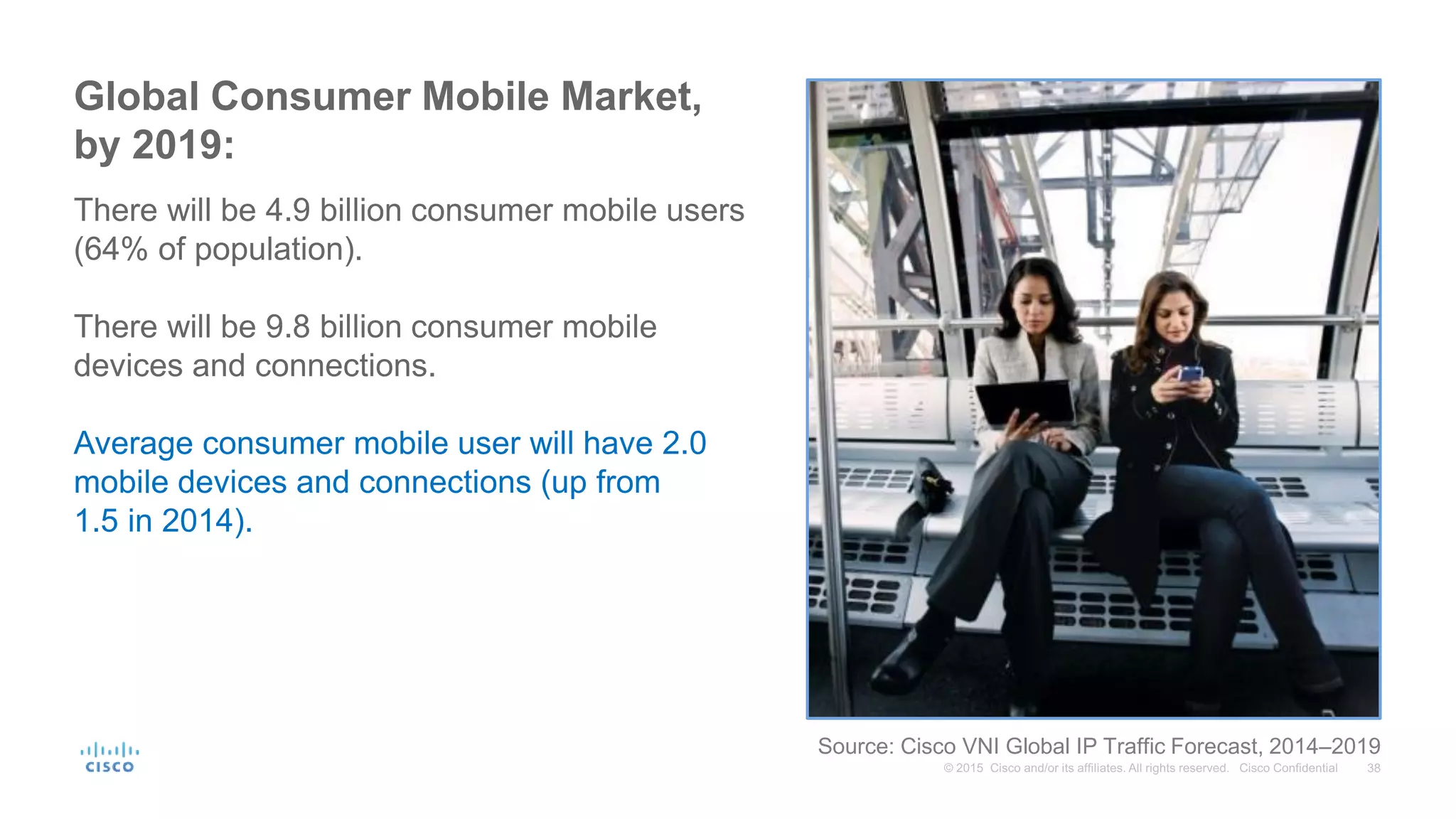 Source: Cisco VNI Global IP Traffic Forecast, 2014–2019
Global Consumer Mobile Market,
by 2019:
There will be 4.9 billion consumer mobile users
(64% of population).
There will be 9.8 billion consumer mobile
devices and connections.
Average consumer mobile user will have 2.0
mobile devices and connections (up from
1.5 in 2014).
 