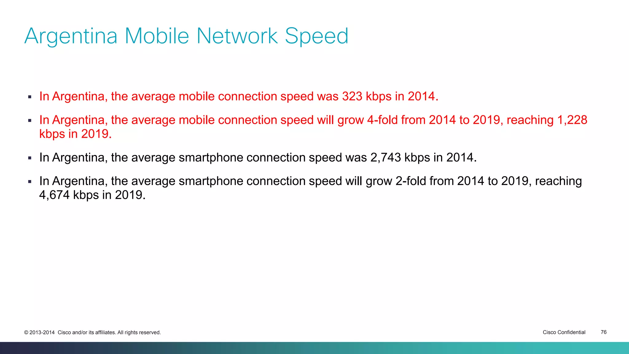 Cisco Confidential 76© 2013-2014 Cisco and/or its affiliates. All rights reserved.
Argentina Mobile Network Speed
 In Argentina, the average mobile connection speed was 323 kbps in 2014.
 In Argentina, the average mobile connection speed will grow 4-fold from 2014 to 2019, reaching 1,228
kbps in 2019.
 In Argentina, the average smartphone connection speed was 2,743 kbps in 2014.
 In Argentina, the average smartphone connection speed will grow 2-fold from 2014 to 2019, reaching
4,674 kbps in 2019.
 