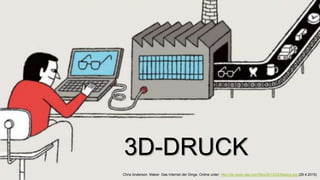 7
3D-DRUCK
Chris Anderson. Maker. Das Internet der Dinge. Online unter: http://de.news-sap.com/files/2013/03/Makers.jpg (29.4.2015)
 