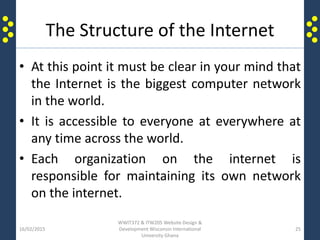 The Structure of the Internet
• At this point it must be clear in your mind that
the Internet is the biggest computer network
in the world.
• It is accessible to everyone at everywhere at
any time across the world.
• Each organization on the internet is
responsible for maintaining its own network
on the internet.
16/02/2015
WWIT372 & ITW205 Website Design &
Development Wisconsin International
University Ghana
25
 