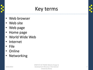 Key terms
• Web browser
• Web site
• Web page
• Home page
• World Wide Web
• Internet
• File
• Online
• Networking
16/02/2015
WWIT372 & ITW205 Website Design &
Development Wisconsin International
University Ghana
3
 