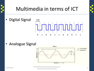 Multimedia in terms of ICT
• Digital Signal
• Analogue Signal
21/02/2015
DIT108 Multimedia Application Wisconsin
International University Ghana
12
 