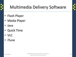 Multimedia Delivery Software
• Flash Player
• Media Player
• Java
• Quick Time
• VLC
• iTune
21/02/2015
DIT108 Multimedia Application Wisconsin
International University Ghana
20
 