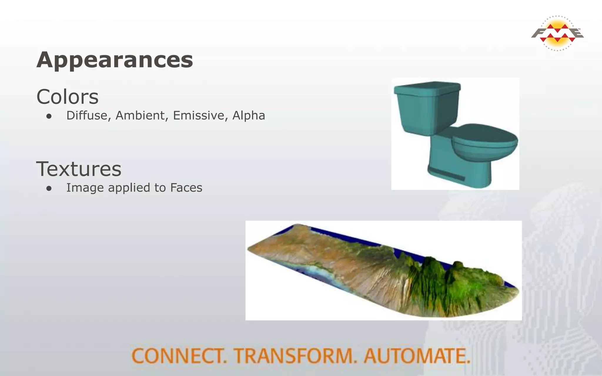 Appearances
Colors
● Diffuse, Ambient, Emissive, Alpha
Textures
● Image applied to Faces
 