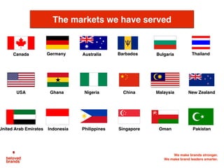 We make brands stronger.
We make brand leaders smarter.
Canada
Ghana Nigeria
Barbados
United Arab Emirates
China
Germany Thailand
USA
Philippines SingaporeIndonesia
Bulgaria
Malaysia
Oman
Australia
New Zealand
Pakistan
The markets we have served
 