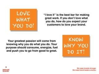 We make brands stronger.
We make brand leaders smarter.
“I love it” is the best bar for making
great work. If you don’t love what
you do, how do you expect your
customers to love your brand.
LOVE
WHAT
YOU DO!
KNOW
WHY YOU
DO IT!
Your greatest passion will come from
knowing why you do what you do. Your
purpose should consume, energize, fuel
and push you to go from good to great.
 