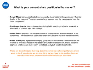 We make brands stronger.
We make brand leaders smarter.
• Power Player companies leads the way, usually share leader or the perceived inﬂuential
leader of the category. These companies have a power over the category and over the
other competitors.
• Challenger brands tries to change the playing ﬁeld, attacking the leader to exploit a
weakness or build on your own strength.
• Island Brand goes into the unknown areas all by themselves where the leader is not
competing. They attack in an open area where the Leader is not that well established.
• Rebel Brand goes against the category, going into an area where it’s too small for the
leaders to even take notice or the leaders are unable to attack back. Pick a customer
segment small enough that it won’t be noticed and you’ll be able to defend it.
What is your current share position in the market?
These are the definitions that help determine what type of competitor you are or
want to be. If you decide we are one thing but we have to be another, then we
want to chart what you need to do differently to get you there.
B2B
 