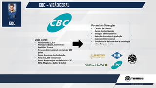 CBC
Visão Geral:
• Faturamento: 1,3 Bi
• Fábricas no Brasil, Alemanha e
República Tcheca
• Presença Internacional em mais de 100
países
• Possui 3 centros de distribuição
• Mais de 3,600 funcionários
• Possui 4 marcas pré estabelecidas: CBC,
MEN, Magtech e Sellier & Bellot
Potenciais Sinergias
• Carteira de clientes
• Canais de distribuição
• Sinergias administrativas
• Redução de custos de produção
• Expansão internacional
• Transferência de know-how e tecnologia
• Maior força da marca
CBC – VISÃO GERAL
 