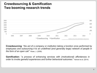 Crowdsourcing & Gamification
Two booming research trends
3
Crowdsourcing: “the act of a company or institution taking a function once performed by
employees and outsourcing it to an undefined (and generally large) network of people in
the form of an open call.” Howe, J. (2006)
Gamification: “a process of enhancing services with (motivational) affordances in
order to invoke gameful experiences and further behavioral outcomes.” Hamari et al. (2014)
 