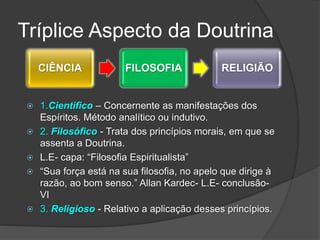 CIÊNCIA FILOSOFIA RELIGIÃO
Tríplice Aspecto da Doutrina
 1.Cientifico – Concernente as manifestações dos
Espíritos. Método analítico ou indutivo.
 2. Filosófico - Trata dos princípios morais, em que se
assenta a Doutrina.
 L.E- capa: “Filosofia Espiritualista”
 “Sua força está na sua filosofia, no apelo que dirige à
razão, ao bom senso.” Allan Kardec- L.E- conclusão-
VI
 3. Religioso - Relativo a aplicação desses princípios.
 