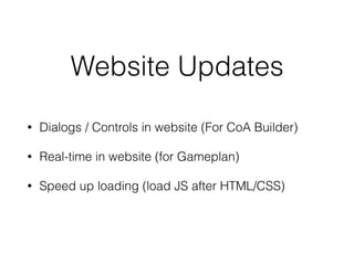 Website Updates
• Dialogs / Controls in website (For CoA Builder)
• Real-time in website (for Gameplan)
• Speed up loading (load JS after HTML/CSS)
 