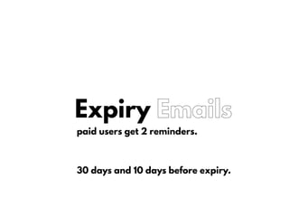 Expiry Emails
paid users get 2 reminders.
30 days and 10 days before expiry.
 