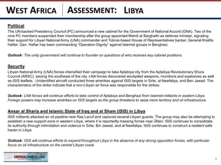 ASSESSMENT:
Political
The UN-backed Presidency Council (PC) announced a new cabinet for the Government of National Accord (GNA). Two of the
nine PC members suspended their membership after the group appointed Mahdi al Barghathi as defense minister, signaling
their support for Libyan National Army (LNA) commander and Tobruk-based House of Representatives backer, General Khalifa
Haftar. Gen. Haftar has been commanding “Operation Dignity” against Islamist groups in Benghazi.
Outlook: The unity government will continue to founder on questions of who receives key cabinet positions.
Security
Libyan National Army (LNA) forces intensified their campaign to take Ajdabiya city from the Ajdabiya Revolutionary Shura
Council (ARSC), seizing the southeast of the city. LNA forces discovered stockpiled weapons, munitions and explosives as well
as ISIS leaflets. Unidentified aircraft conducted three airstrikes against ISIS targets in Sirte, al Nawfaliya, and Ben Jawad. The
characteristics of the strike indicate that a non-Libyan air force was responsible for the strikes.
Outlook: LNA forces will continue efforts to take control of Ajdabiya and Benghazi from Islamist militants in eastern Libya.
Foreign powers may increase airstrikes on ISIS targets as the group threatens to seize more territory and oil infrastructure.
Ansar al Sharia and Islamic State of Iraq and al Sham (ISIS) in Libya
ISIS militants attacked an oil pipeline near Ras Lanuf and captured several Libyan guards. The group may also be attempting to
establish a new support zone in western Libya, where it is reportedly massing forces near Zliten. ISIS continues to consolidate
its authority through intimidation and violence in Sirte, Bin Jawad, and al Nawfaliya. ISIS continues to construct a resilient safe
haven in Libya.
Outlook: ISIS will continue efforts to expand throughout Libya in the absence of any strong opposition forces, with particular
focus on oil infrastructure on the central Libyan coast.
8
LIBYAWEST AFRICA
 