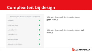 Complexiteit bij design
50% van de e-mailclients ondersteunt
geen HTML5
50% van de e-mailclients ondersteunt wel
HTML5
 