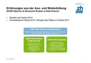 Zürcher Fachhochschule
11
Erfahrungen aus der Aus- und Weiterbildung
ZHAW Diploma of Advanced Studies in Data Science
• Besteht seit Herbst 2014
• Anmeldestand Herbst 2015: Wenige freie Plätze im Herbst 2017
CAS Data Science Applications
Machine Learning, Big Data Visualization, Design & Development
of Data Products, Data Protection & Security
CAS Information
Engineering
Scripting in Python,
Information Retrieval &
Text Analytics,
Databases & SQL,
Data Warehousing,
Big Data
CAS Datenanalyse
Data Description &
Visualization, Statistical
Foundations of Analytics,
Multiple Regression,
Time Series & Forecasting,
Clustering & Classification
 
