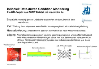 Zürcher Fachhochschule
18
Beispiel: Data-driven Condition Monitoring
Ein KTI-Projekt des ZHAW Datalab mit mechmine llc
Situation: Wartung grosser (Rotations-)Maschinen ist teuer, Defekte sind
noch teurer
Ziel: Wartung dann einplanen, wenn Defekt vorausgesagt wird, nicht einfach regelmässig
Herausforderung: Ansatz finden, der sich automatisch an neue Maschinen anpasst
Lösung: Anomalieerkennung aus dem Machine Learning anwenden, um den Normalzustand
jeder Maschine sowie Abweichungen davon rein aus Sensordaten herauslesen zu
können; Kombination klassischer Ansätze laut Industriestandard sowie u.a. Deep
Learning Autoencoders
Früherkennung von Defekten
z.B. RNN Autoencoder
Merkmalsextraktion
Vibrationssensor
 