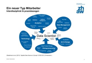 Zürcher Fachhochschule
9
Ein neuer Typ Mitarbeiter
Interdisziplinär & praxisbezogen
(Stadelmann et al. (2013). “Applied Data Science in Europe”. ECSS 2013, Amsterdam.)
 