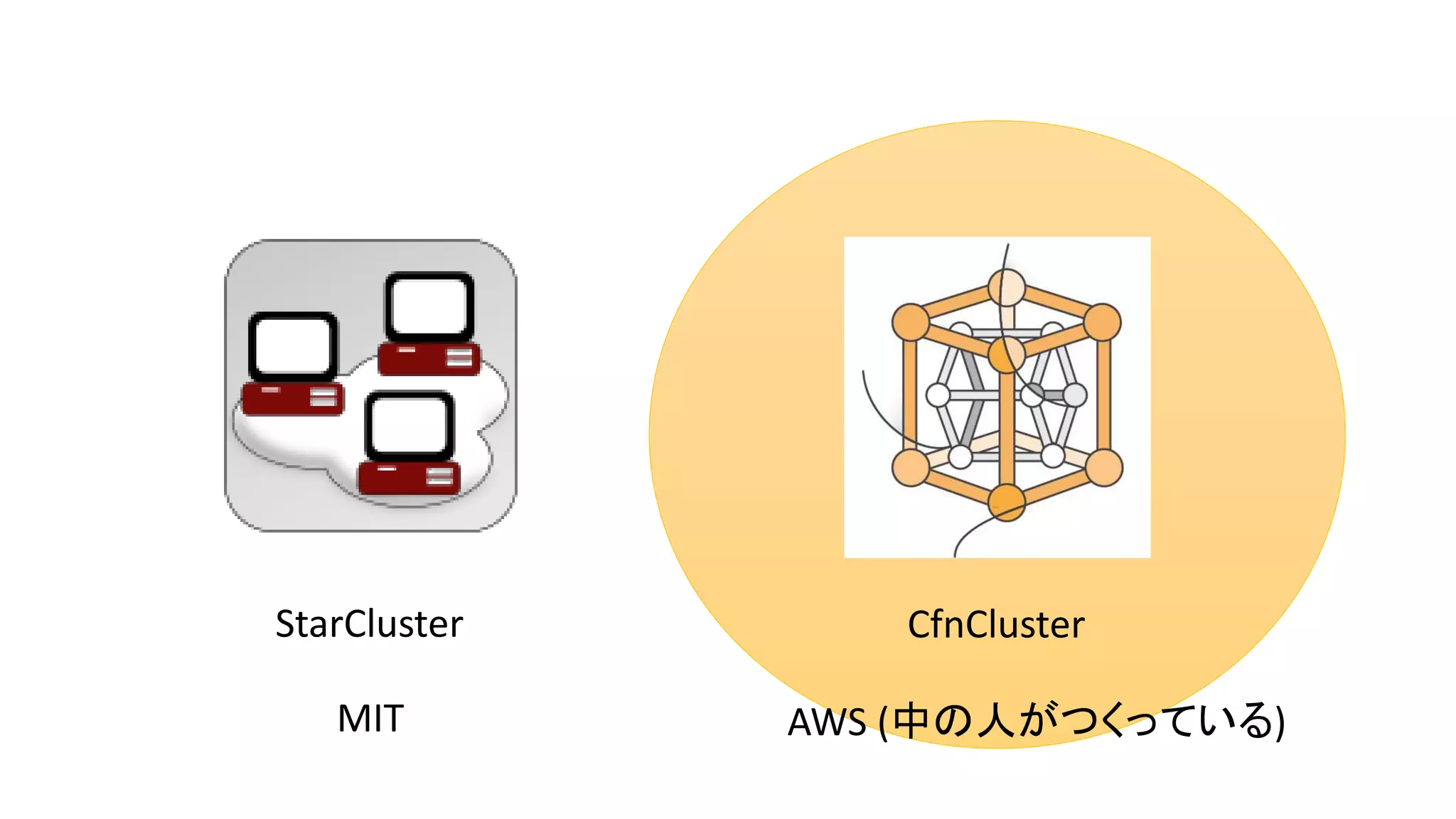 StarCluster CfnCluster
AWS (中の人がつくっている)MIT
 
