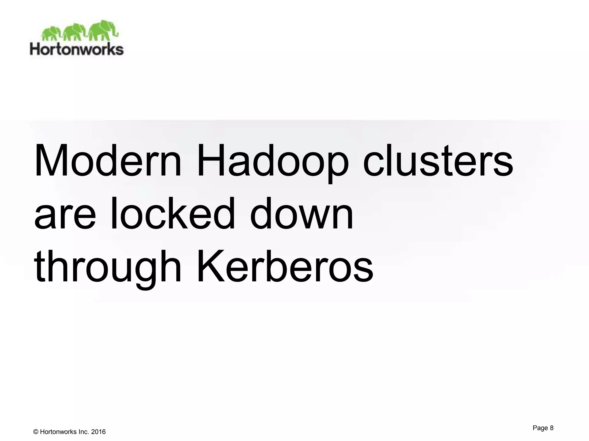 © Hortonworks Inc. 2016
Modern Hadoop clusters
are locked down
through Kerberos
Page 8
 