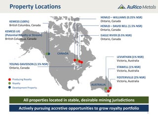 Property Locations
5
All properties located in stable, desirable mining jurisdictions
Development Property
CANADA
AUSTRALIA
KEMESS (100%)
British Columbia, Canada
YOUNG-DAVIDSON (1.5% NSR)
Ontario, Canada STAWELL (1% NSR)
Victoria, Australia
FOSTERVILLE (2% NSR)
Victoria, Australia
Royalty
LEVIATHAN (1% NSR)
Victoria, Australia
KEMESS UG
(Potential Royalty or Stream)
British Columbia, Canada
HEMLO – WILLIAMS (0.25% NSR)
Ontario, Canada
HEMLO – DAVID BELL (1.5% NSR)
Ontario, Canada
EAGLE RIVER (0.5% NSR)
Ontario, Canada
Actively pursuing accretive opportunities to grow royalty portfolio
Producing Royalty
 